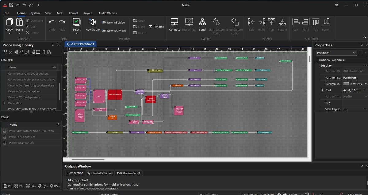 Biamp Tesira DSP software showing an audio signal-flow layout, programmed by Enlightened Audiovisual