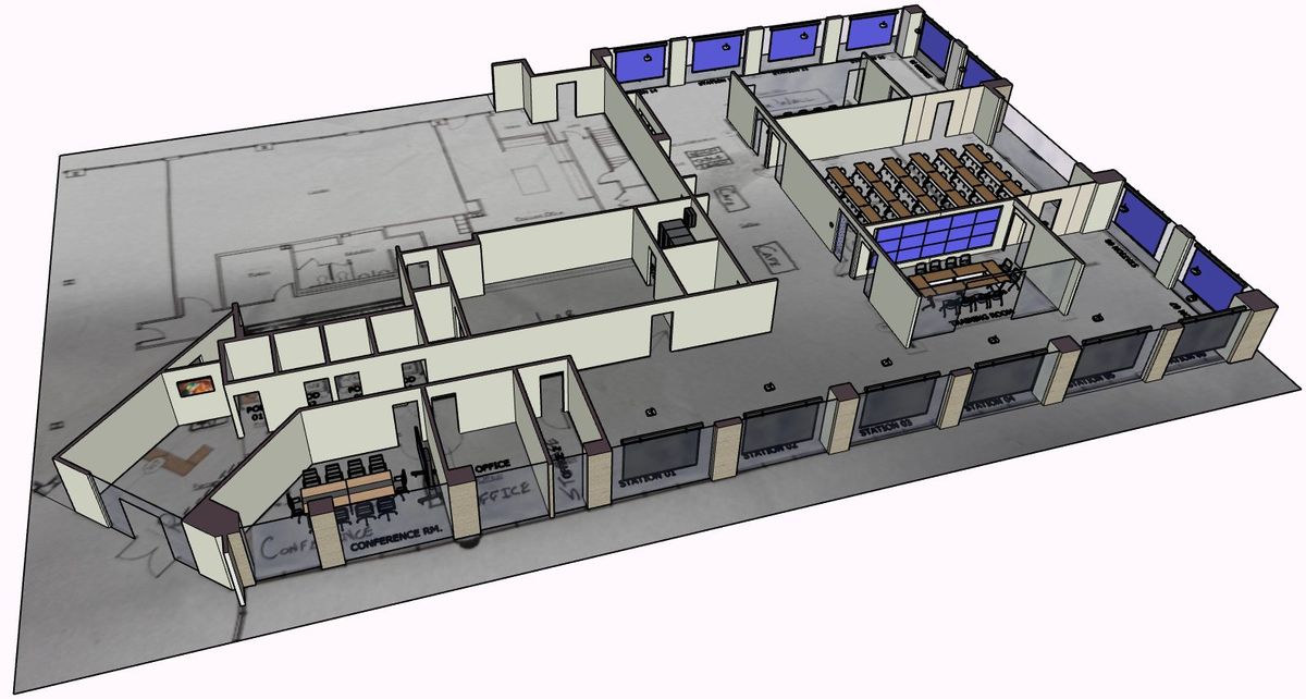 3D design model of a full floor with conference rooms, a training room, and a video wall, by Enlightened Audiovisual