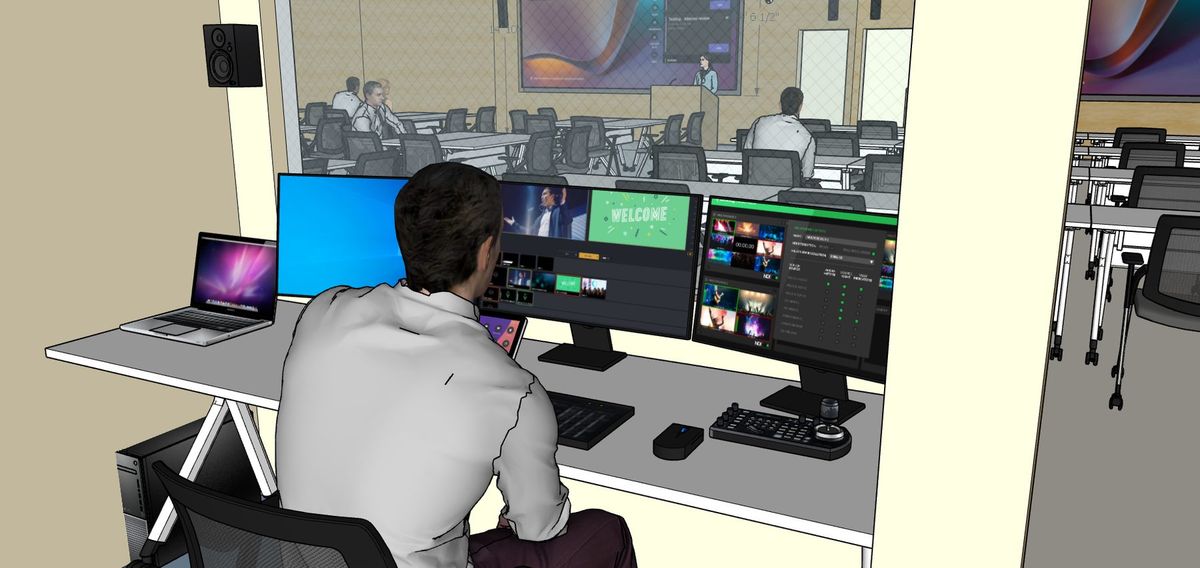 3D render of an AV control booth overlooking a training room, designed by Enlightened Audiovisual