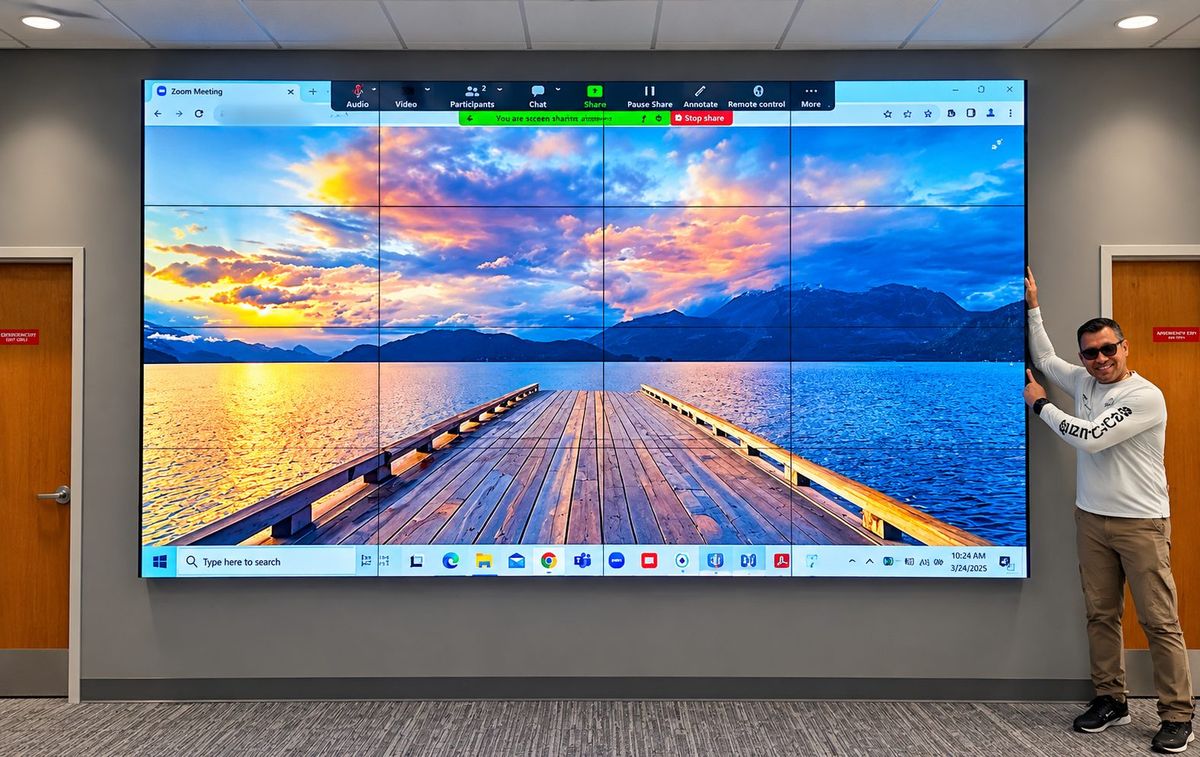 Enlightened Audiovisual technician standing beside a finished 4x3 video wall for scale